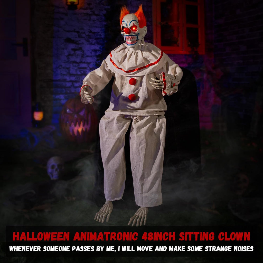 halloween animatronic sitting clown, halloween animated decorations with on a desk or shelf