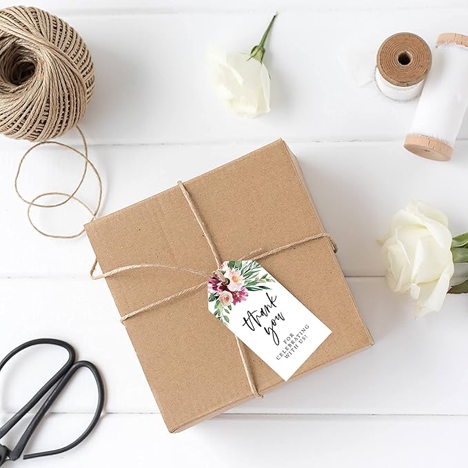 Andaz Press 100-Pack Thank You for Celebrating with Us Favor Tags Spring Watercolor Florals Cardstock Gift Tags with Bakers Twine for Wedding Baby Shower Bridal Shower Party Favors 2 x 3.75-Inches