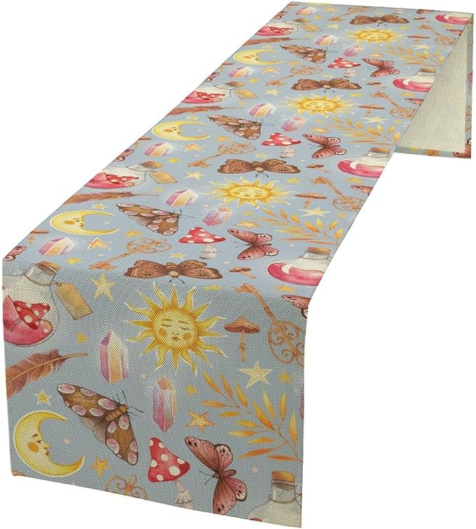 Boho Sun Moon Table Runner Mystical Rustic Butterfly Mushroom Star Table Runner for Kitchen Living Room Dinner Holiday 13x36 Inch