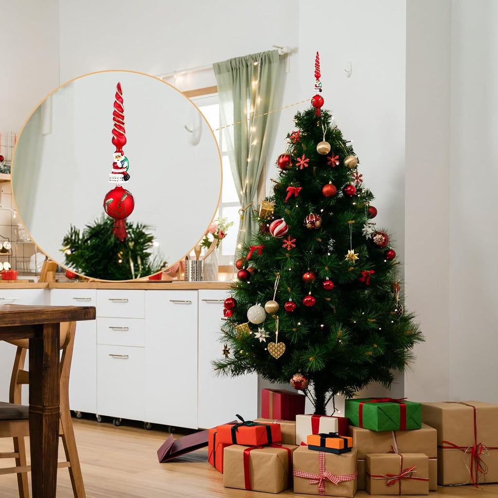 Sosation Glass Santa Claus Design Treetop 3 Tier Retro Glass Finial Tree Topper Vintage Spherical Christmas Tree Toppers Ornaments with Carved Pattern Unique Xmas Treetopper for Home Decoration, 13''