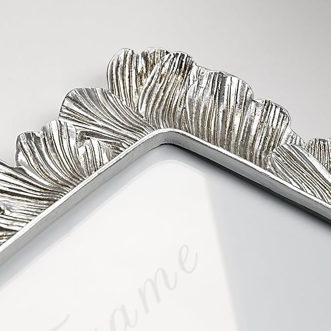 Cuspin 8x10 Picture Frame Silver, Vintage Silver Palm Leaves Textured Hand-Crafted Resin with Glass Front, Elegant Retro Design Photo Frame for Wall and Tabletop Display Home Decor