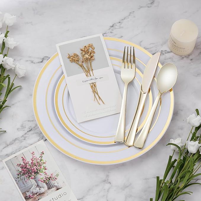 BESTVIP 600PCS Gold Dinnerware Set for 100 Guests, Plastic Plates for Party, 100 Gold Disposable Plates, 100 Dessert Plates, 100 Cups, 100 Spoons, 100 Forks and 100 Knives