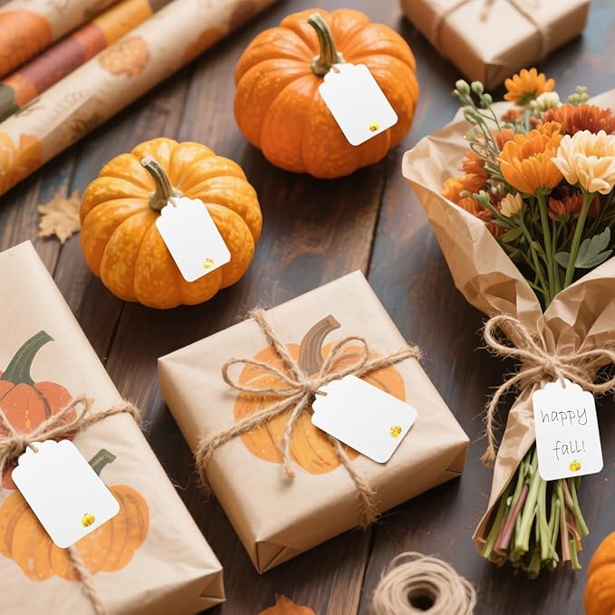 100 Pcs Blank Gift Tags with String Gold Foil Pumpkin Large White Paper Gift Tags with 65 Ft Jute Twine Cute Tags for Halloween Autumn Fall Harvest Thanksgiving Gift Wrap Tags