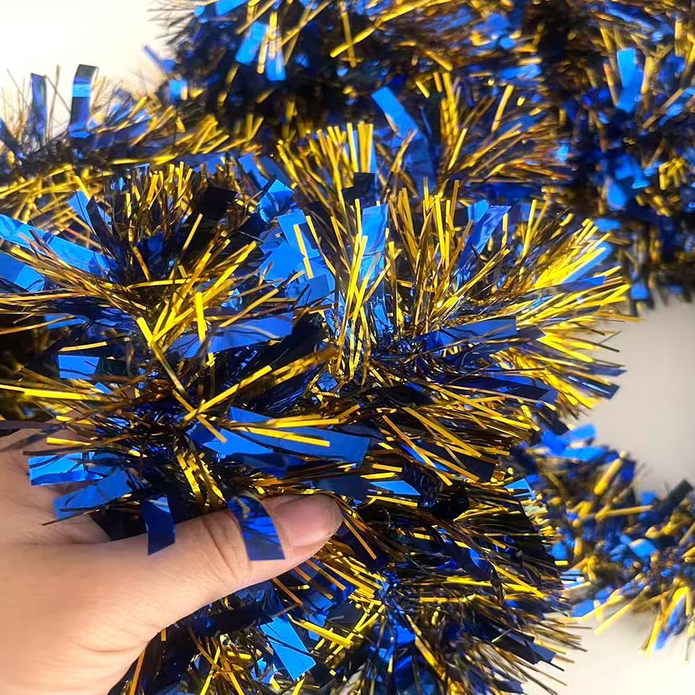 33Ft Christmas Tinsel Garland Xmas Tree Decorations Shiny Thick Metallic Twist Garland Ceiling Hanging Decor for Xmas New Year Birthday Party Indoor Outdoor Supplies-Blue & Gold