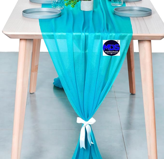 MDS 10 Pack 10ft Chiffon Table Runner 29 x 120 Inches Sheer Wedding Runner Romantic Rustic Table Runner for Wedding Decorations, Birthday Parties, Bridal Shower Party Arch Decor -Turquoise