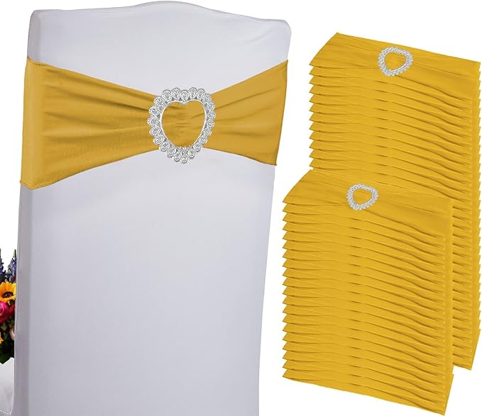 100PCS Spandex Stretch Gold Chair Sashes Bows Universal Elastic Chair Cover Bands Ties with Buckle Slider for Wedding Party Birthday Reception Event Banquet Decoration(Gold)