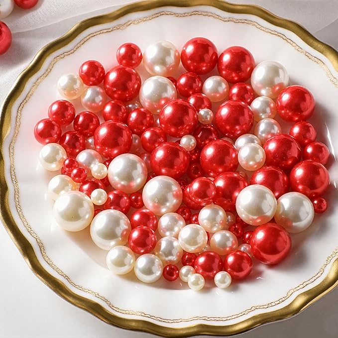 200 Pcs Vase Filler Beads White and Red Pearl Beads for Vase No Hole Pearls for Centerpieces Vases Home Table Party Decor Wedding DIY 8/14/20mm