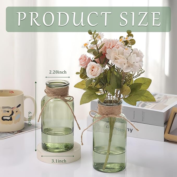 Green Glass Flower Vases for Centerpieces Set of 6, Mason Jars Boho Cylinder Bud Vases in Bulk, for Weddings Parties Vintage Home Decor