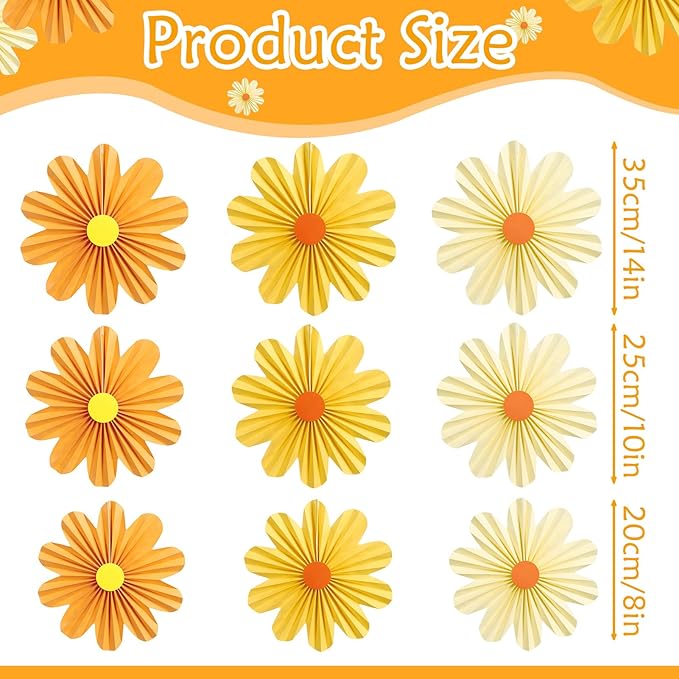 SUNBEAUTY 9 PCS Orange Paper Flowers Decorations for Wall Paper Fans Daisy Decoration Paper Floral Backdrop Decor Paper Fans Decoration