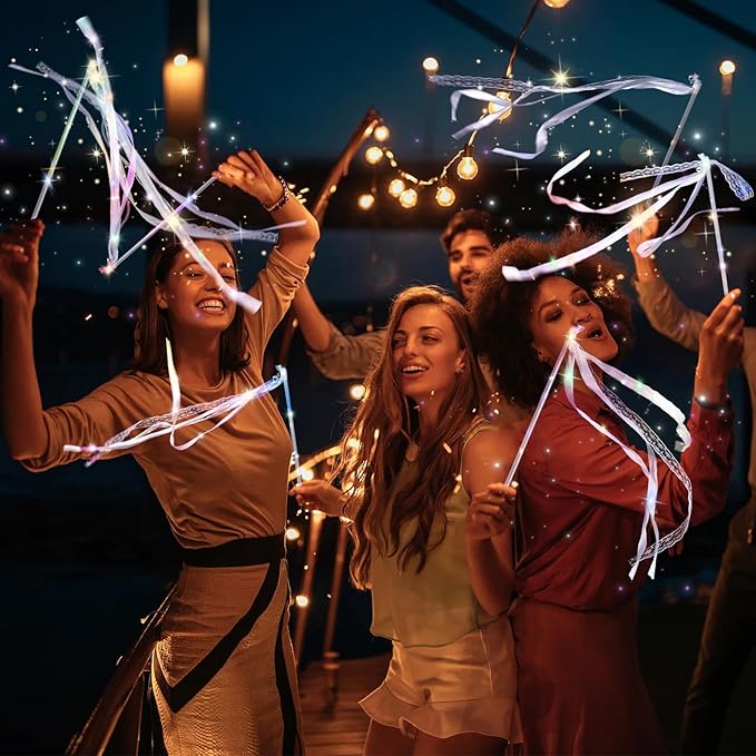 30 Pieces Light up Wedding Wands with Ribbons & Bells –LED Silk Wedd Fairy Wands Streamers with Warm White & Colorful Lights for Wedding Send Off Ideas, Parties, and Celebrations