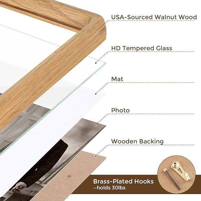 5x7 Wooden Picture Frames USA-Sourced Natural Oak Wood Solid Wood Photo Frame Handcrafted Rounded Corner with Mat to 4x6 Picture Display with Real Glass Family Picture, Wedding Picture