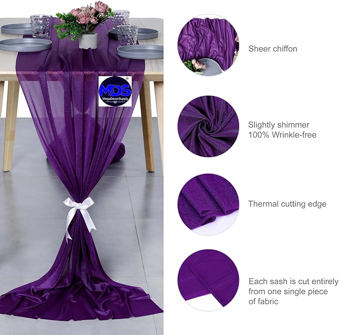MDS Halloween Chiffon Table Runner - 10 Pack, 29 x 170 Inches, 14ft Each - Sheer Spooky Table Runners for Haunted House Parties, Trick-or-Treat Tables, Witchy Décor, Wedding & Events - Cadbury Purple