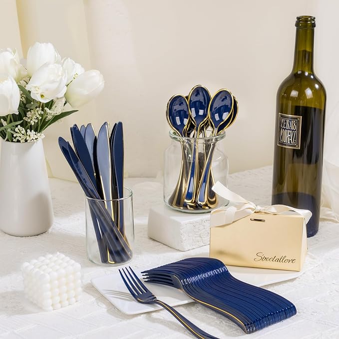 WDF 180PCS Blue Plastic Silverware -Blue and Gold Plastic Cutlery 60 Forks, 60 Knives, 60 Spoons - Heavy Duty Disposable Silverware for Party/Wedding/Space Themed Birtyday Party