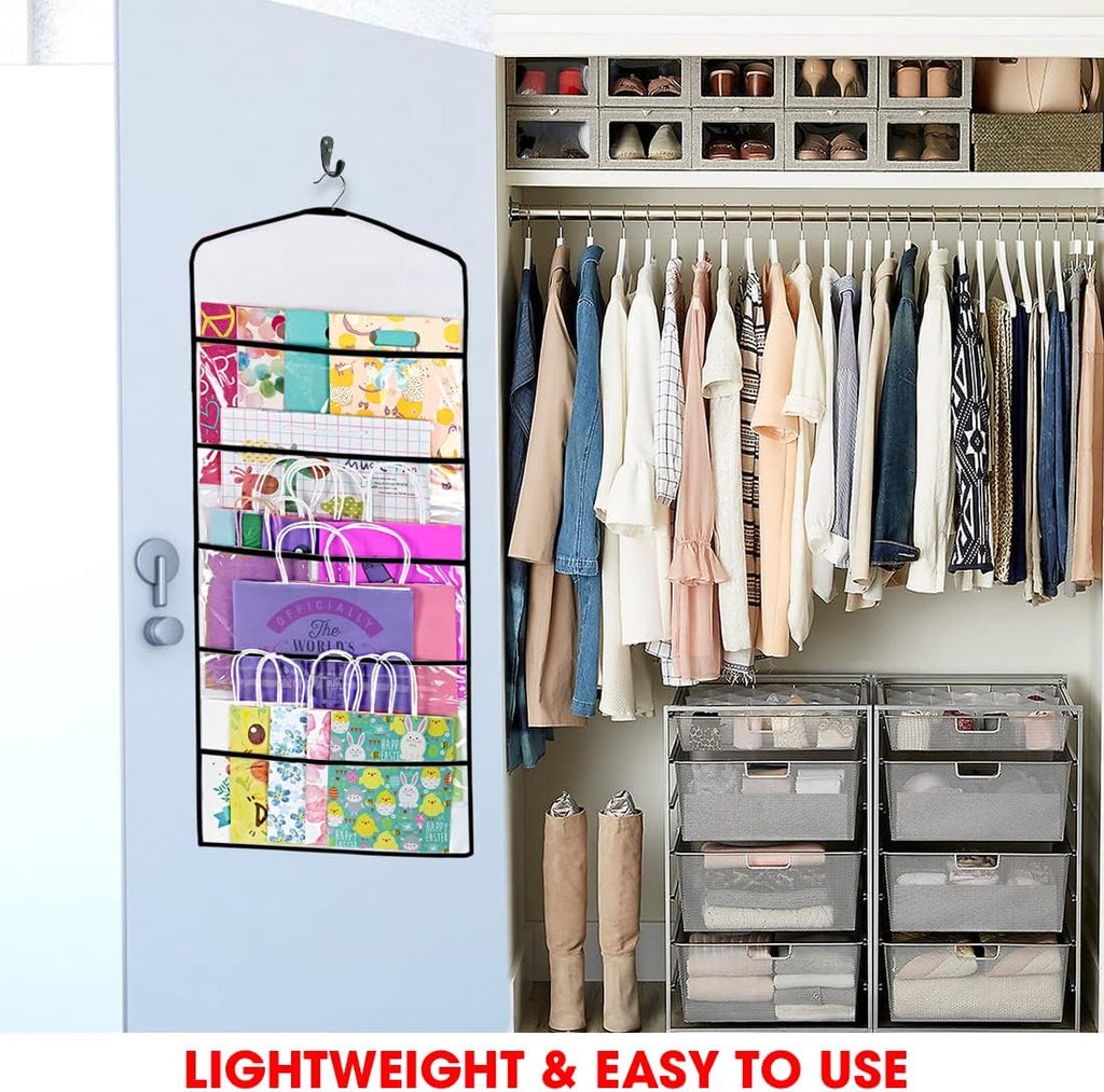 Gift Bag and Tissue Paper Storage, Hanging Organizer with Multiple Front and Back Pockets Double Sided, Organize Gift Wrap and Paper Bags 38 x 16 Inch (Black seam)