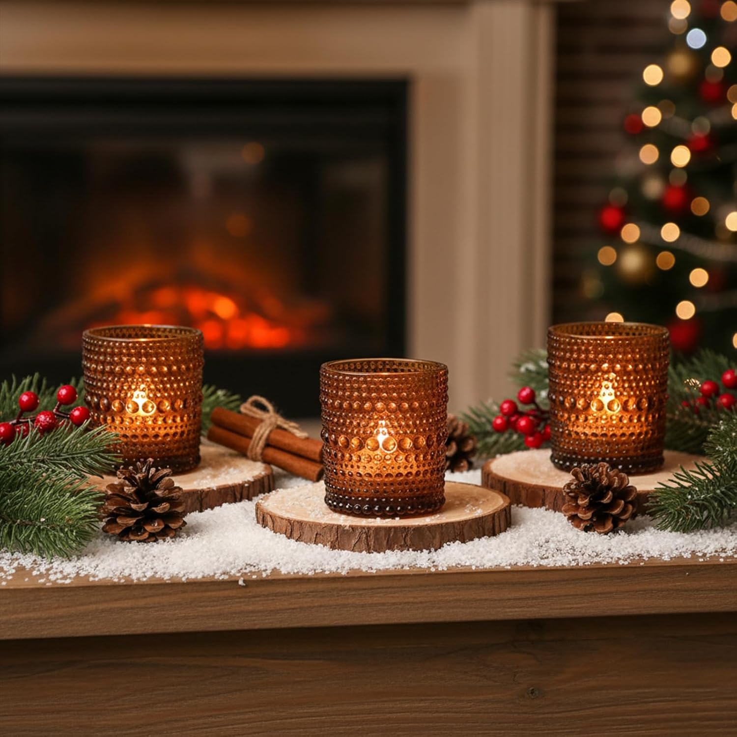 12Pcs Amber Votive Candle Holders 2x2.5in, Glass Tea Light Candle Holder for Wedding Table Decor & Christmas Thanksgiving