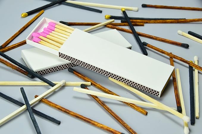 Chandler Studio 10 Boxes - Wooden Matchsticks in a Blank Matchbox with White/Black Matchboxes Colorful Tips (4" Matchboxes, 10 Boxes)