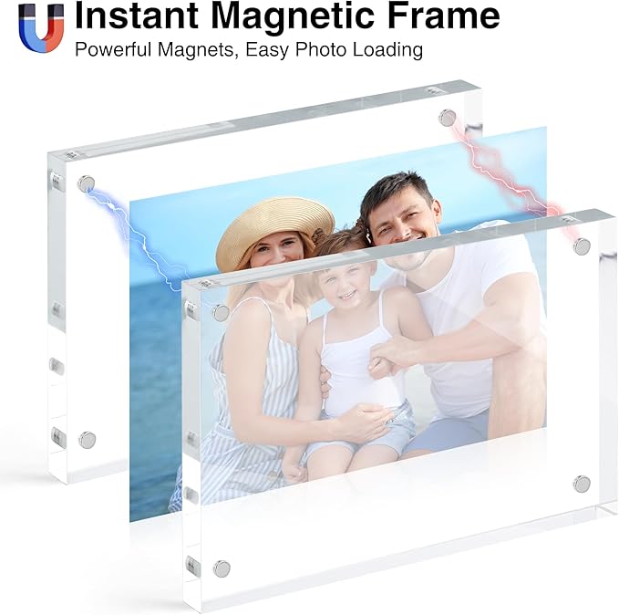 HOUSE DAY Acrylic Picture Frames 5x7, 2 Pack Magnetic 5x7 Picture Frame, Double Sided Clear 5 x 7 Photo Frame with Microfiber Cloth, Frameless FreeStanding 5x7 Frame Gift for Desktop Display