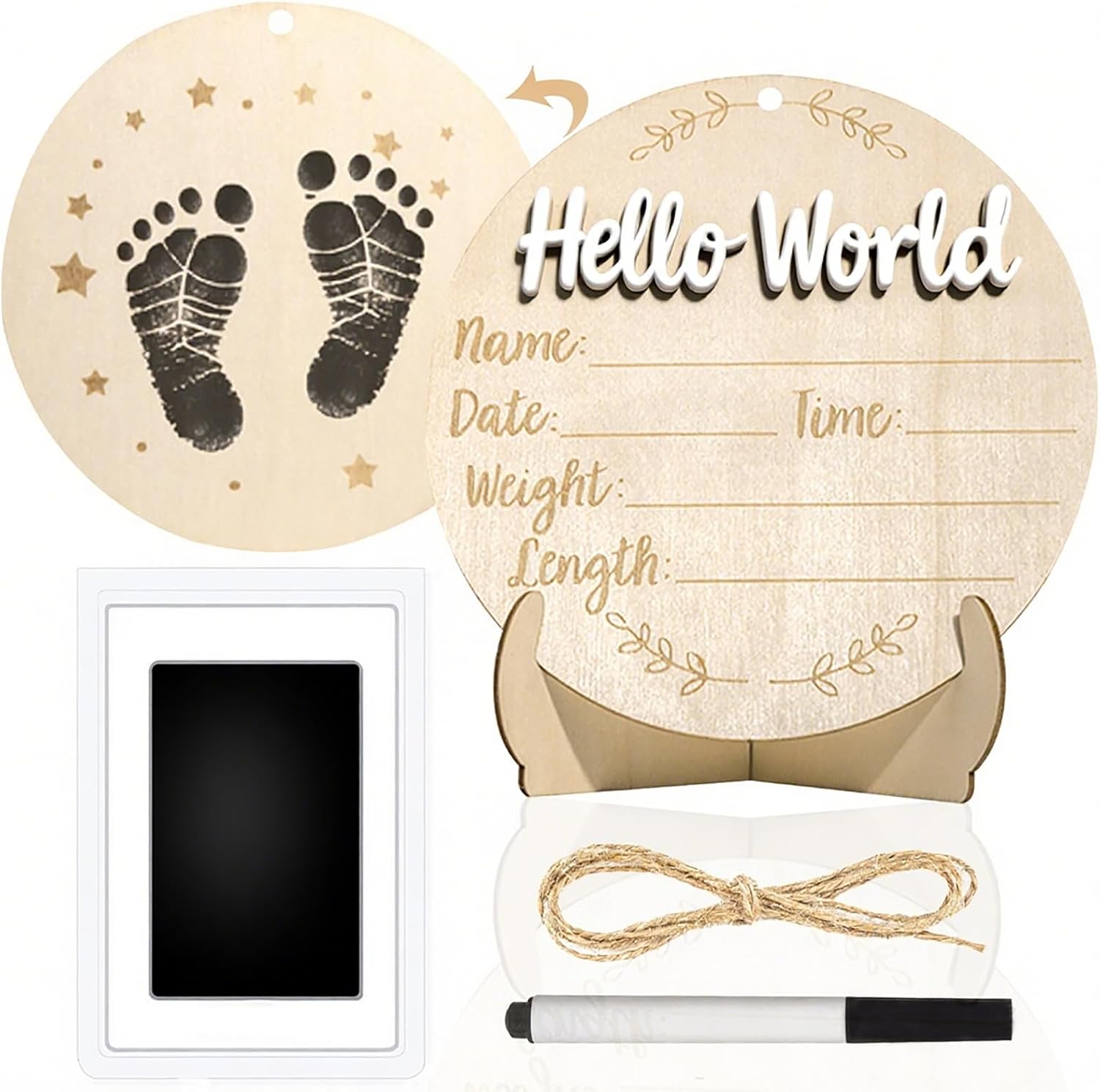 XCMVCN Baby Announcement Sign, 5.9 Inch Round Wooden Hello World Newborn Signs, Birth Announcement Sign: Equipped with Ink Pad Can Baby Handprints and Footprints for Photo Prop Hospital Nursery Gift