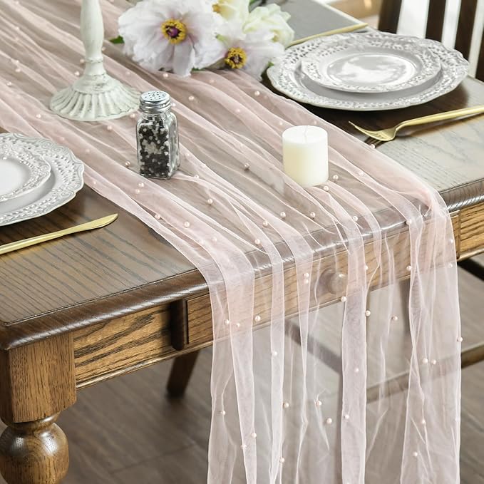 Artoid Mode Pearl Pink Gauze Table Runner 120 Inch 10FT, Seasonal Sheer Dining Holiday Wedding Birthday Baby Shower Table Decor for Home Party