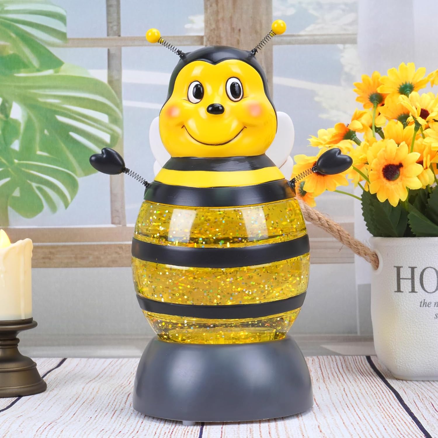 Summer Bee Snow Globe Decor with 6H Timer, Swirling Glitter Bee Snowglobe Spring and Summer Figurine Decorations, USB/Battery Operated, for World Bee Day Spring Holiday Home Decor and Gift