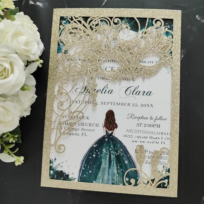 20PCS Masquerade Invitations, masquerade wedding invites, laser cut invitation pockets for quinceanera,xv,16 birthday,bridal shower,wedding,Anniversary,holiday party,etc. (glitter light gold)