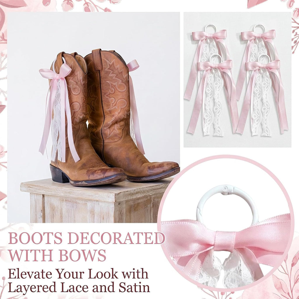 4 Pcs Pink Ribbon Boot Bows for Cowgirl Boots, Removable Lace Bow Clip Shoe Accessories for Women DIY Party Decor