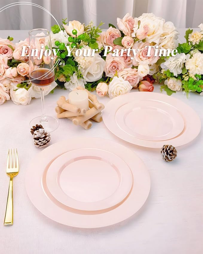 200PCS Pink Plastic Plates Set, 100 10.25 inch Dinner Plates and 100 7.5 inch Dessert Plates, Premium Disposable Plates for Party, Wedding