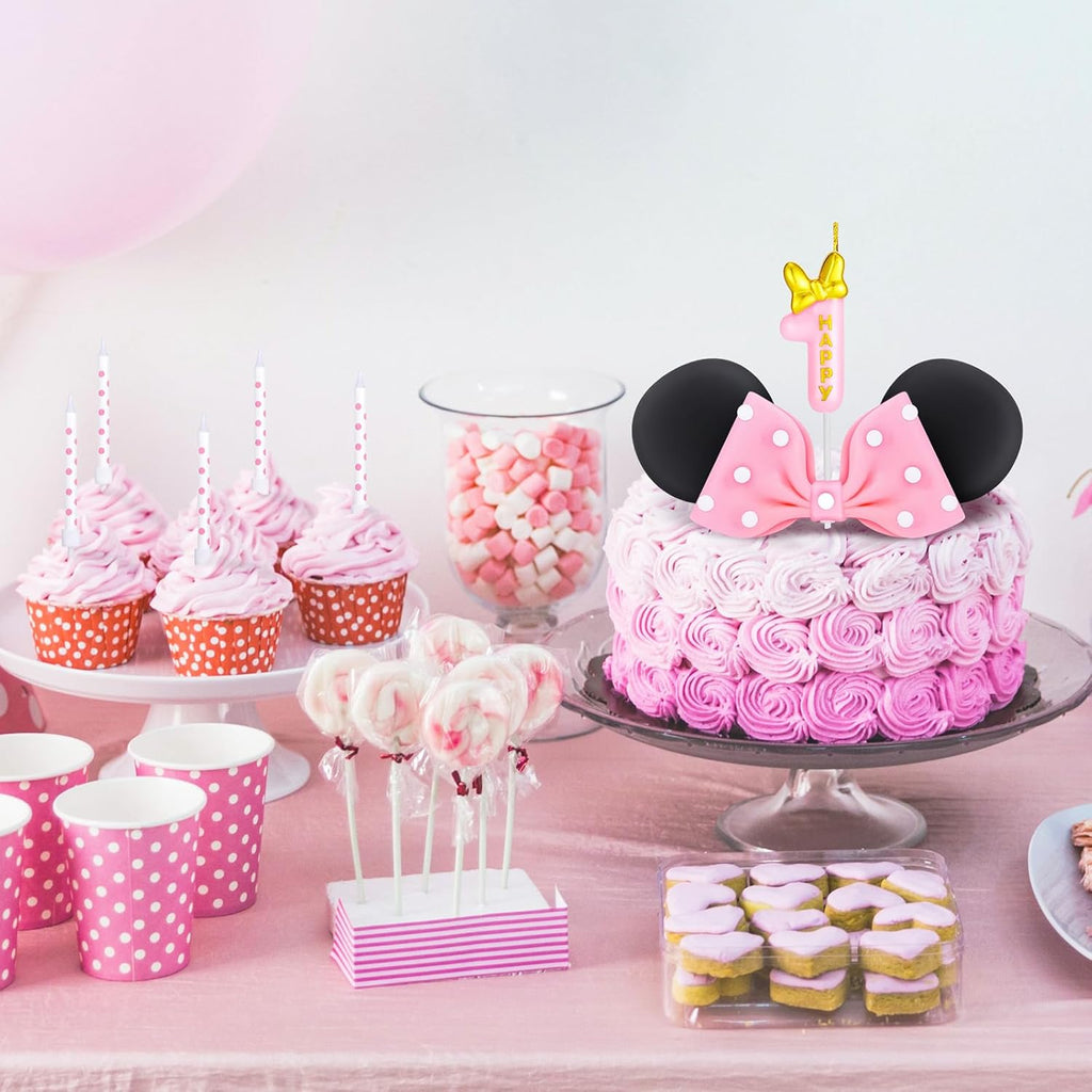 Mouse Cake Candles Topper Pink Bow and Ears Decorations with 20 PCS White Dot Long Candles for Baby Birthday Cake Topper Decor (Number 1)