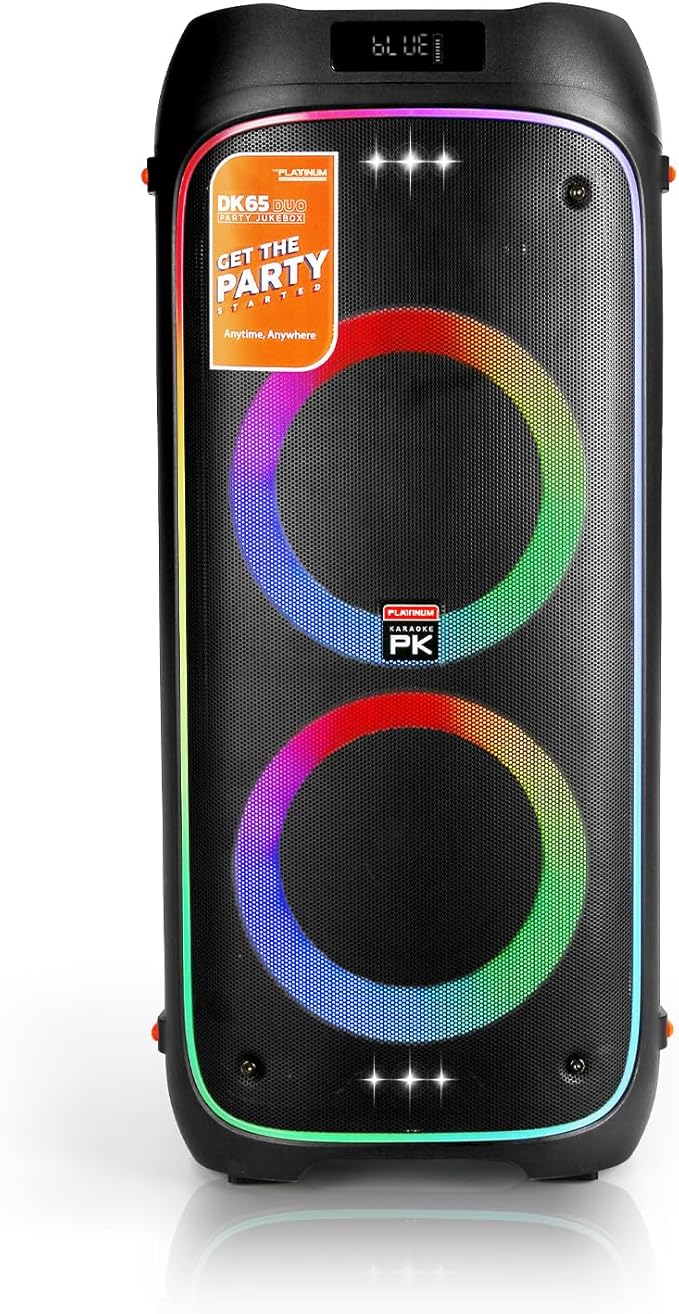 The Platinum DK65 Bluetooth Party Speaker, Karaoke Machine for Adults with 2 Wireless Microphones and Powerful bass & subwoofer, RGB Lights, Features Over 23k Songs for Outdoor & Home