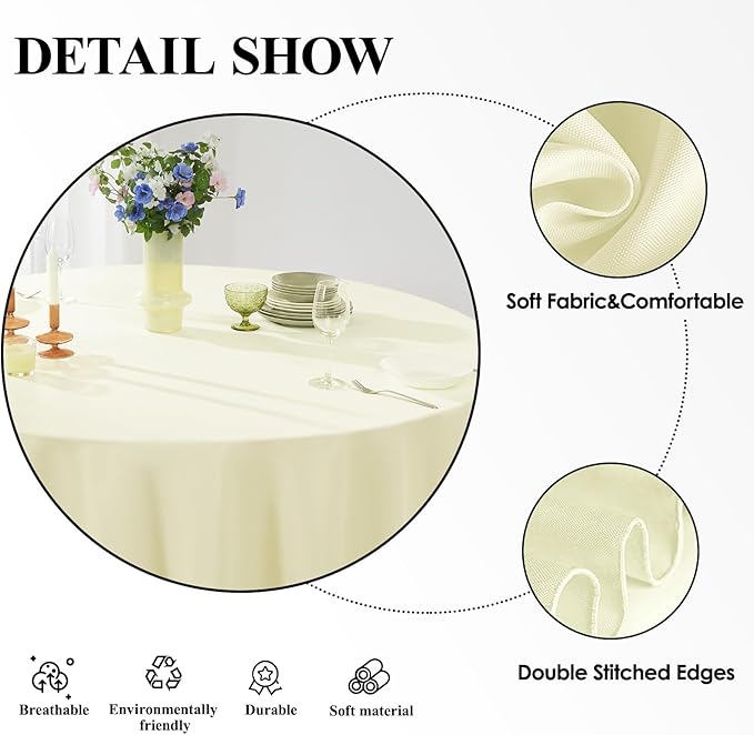 Round Tablecloth 120 Inch Tablecloth 6 Pack Ivory Table Cloths Washable Decorative Polyester TableClothes Cover for Dining Table Banquets Buffet Parties and Wedding