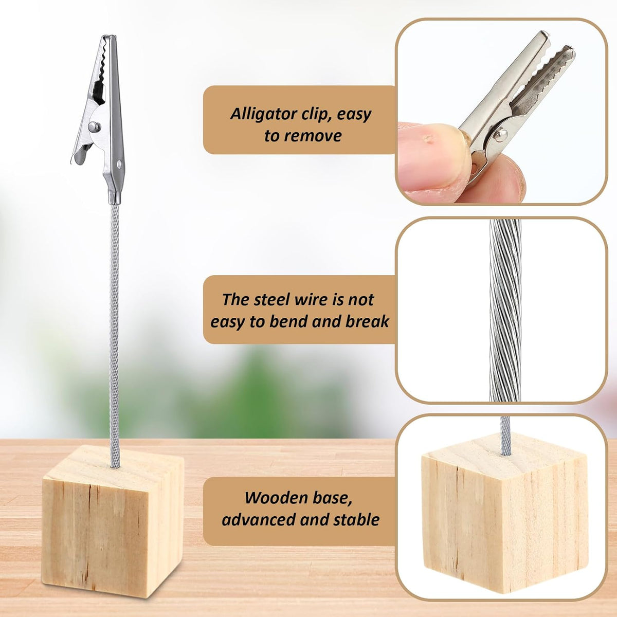 100 Pcs Cube Base Memo Clip Holder with Alligator Clip, Natural Wood Color
