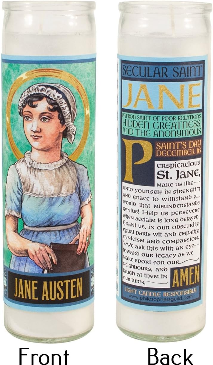 The Unemployed Philosophers Guild Jane Austen Secular Saint Candle - Unscented 8 Inch Tall Glass Prayer Votive, Made in the USA, Vegetarian Wax