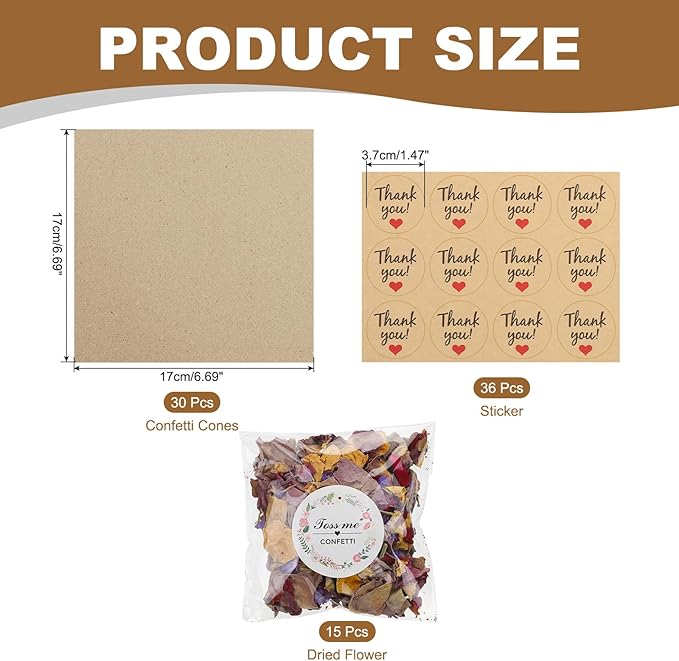 PATIKIL Dried Flower Confetti Cones, 30Pcs Paper Tapers Cone Holder with Dried Rose Petals / Sticker for Wedding Party Engagement Birthday DIY Decoration, Purple