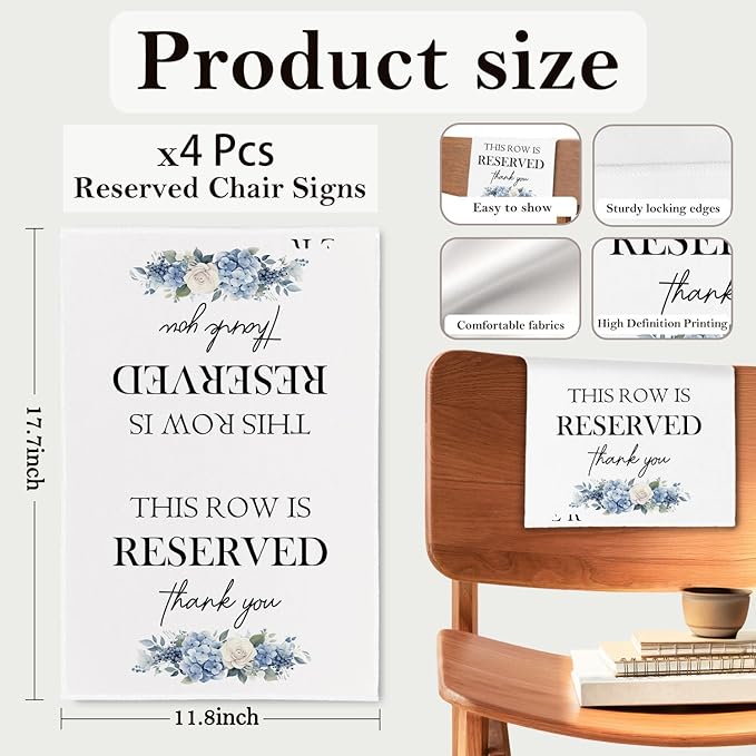 Reserved Seating Chair Signs, This Row Is Reserved Pew Cloths Seating Placeholder for Church Pews, Wedding Decorations for Reception Parties Celebrations Event Meetings (Blue Floral, 4 PCS)