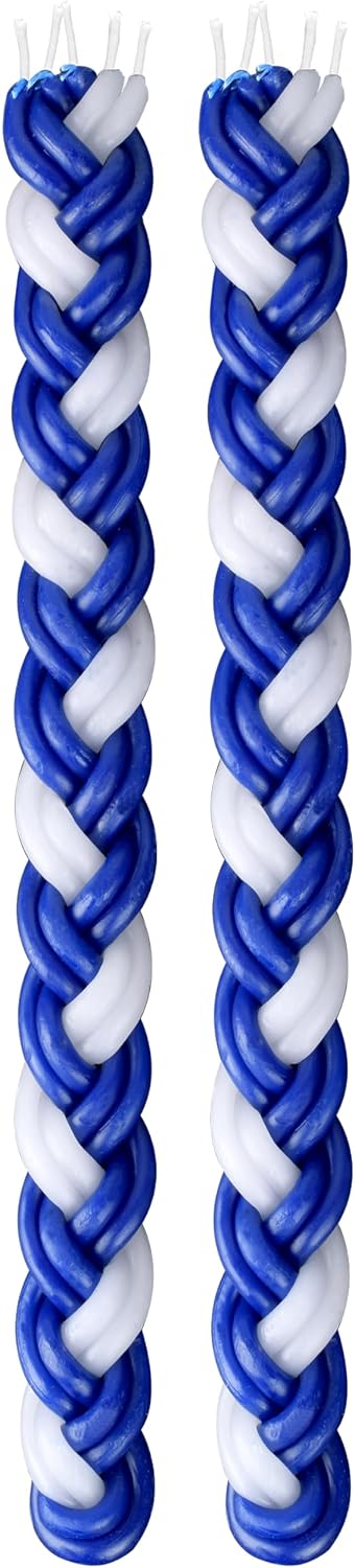 Ner Mitzvah Braided Havdalah Candle - 2-Pack - Large 15-Inch Blue and White Paraffin Wax - Handcrafted Havdallah Candle - Shabbat Judaica Gift