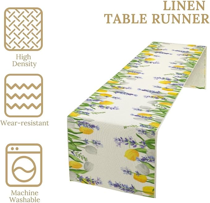 Floral Tulip Lavender Table Runner, Spring Watercolor Flower Plants Nature Butterfly Table Runner for Kitchen Dinner Living Room Home Party, 13x90 Inch
