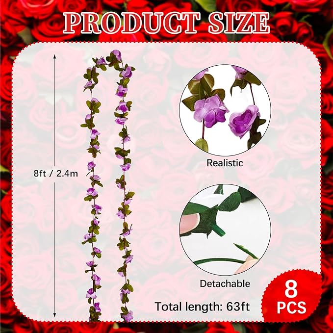 8Pcs 63Ft Light Purple Rose Garland, Fake Rose Hanging Flowers, Artificial Flower Vine, Hanging Floral Vine Garland for Wedding, Birthday Party, Wall Arch, Halloween, Christmas Garden Backdrop Decor