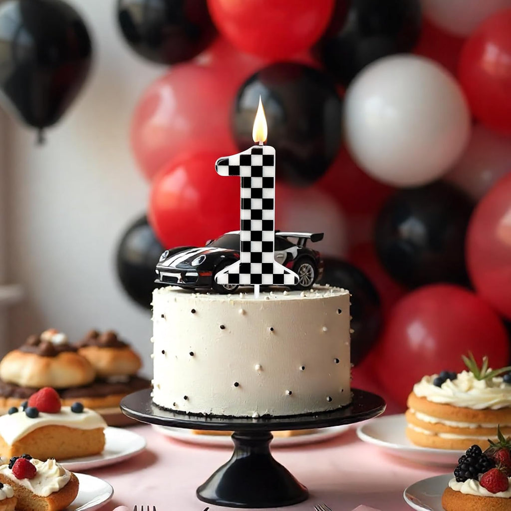 Racing Car Themed Birthday Candles, Number 1 Checkered Candles, Black & White Checkered Cake Topper, Cool Racing Themed Party Supplies, Special Candle