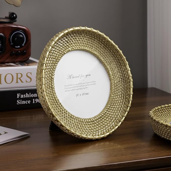 Cuspin Round Picture Frame 4x4 Vintage Gold Frames, Rattan Textured Hand-Crafted Photo Frame with Glass Front, Antique Picture Frame for Tabletop Display & Wall Display, Retro Design Home Decor