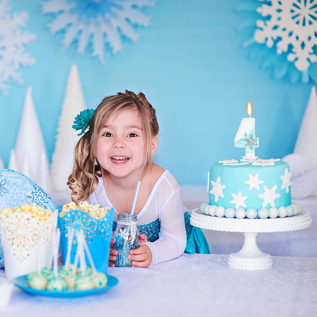 Sky Blue Frozen Themed Birthday Candles, Snowflake Number Candles for Kids Adults Birthday Party Supplies, 2.76 inch Number 4 Candle Cake Topper Decorations (Number 4)