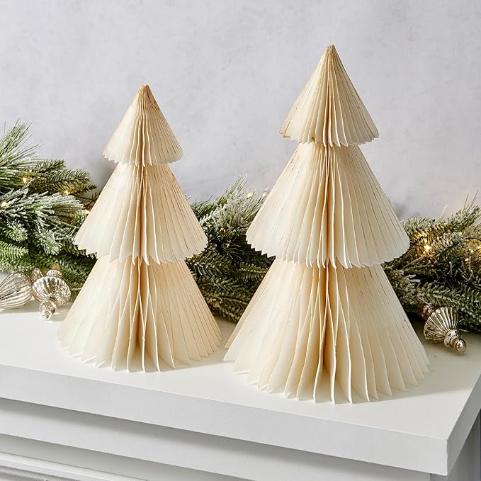 LampLust White Honeycomb Paper Trees, 2 Pack, 10 & 12 Inch, Winter Ornaments, Winter Decorations for Home and Mantel Decor, Winter Wonderland Decorations