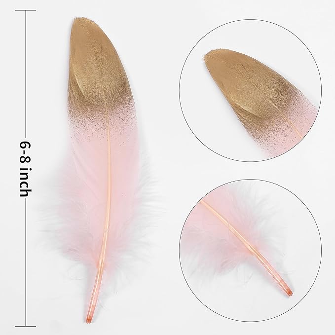 Larryhot Dipped Gold & Pink Goose Feathers for Crafts - 6-8 inch 60 pcs Natural Feathers for Wedding Party Decorations,DIY Crafts and Clothing Accessories (Gold & Pink)