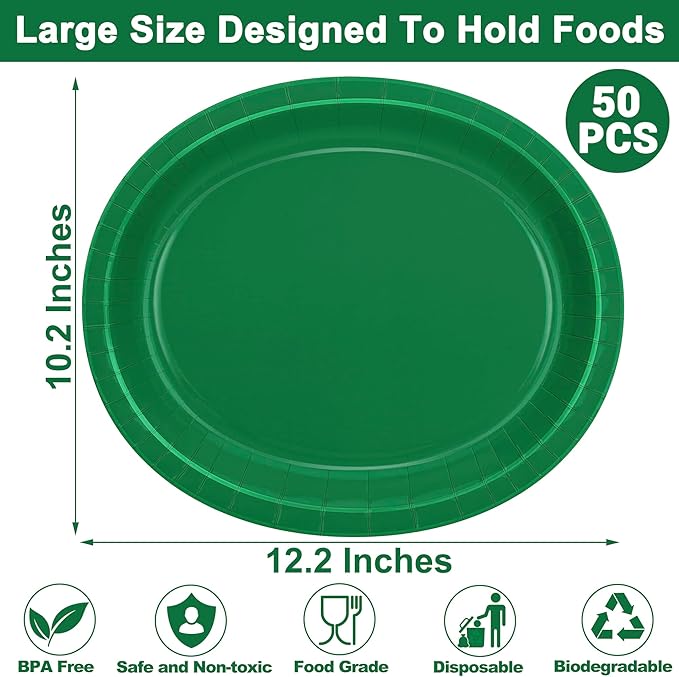 QZYL 50 Count Paper Plates, 12.2'' X 10.2'' Large Green Oval Plates, Daily Dinner Plates Disposable Paper Tray Bulk Party Supplies for Outdoor Picnic Birthday Party Barbecue Holiday