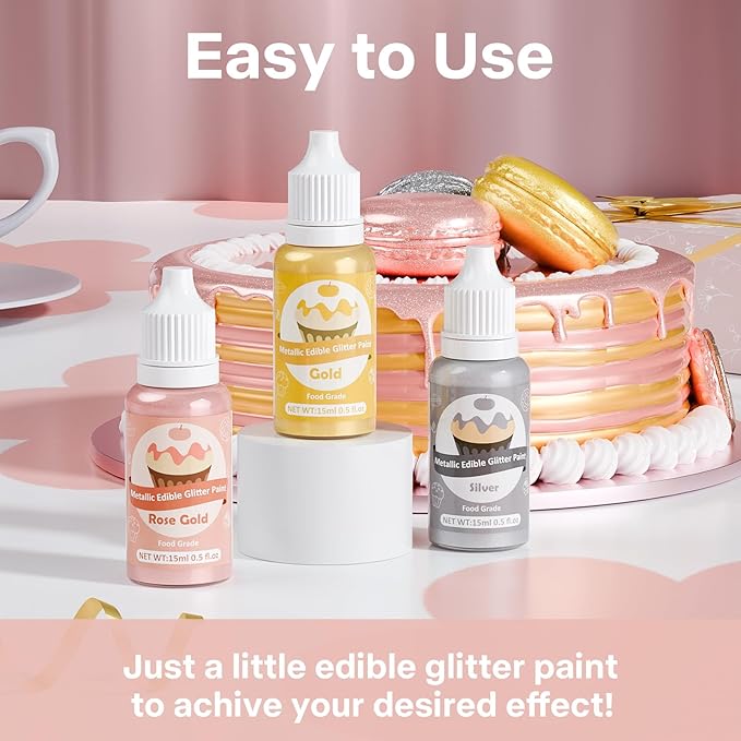 Edible Glitter Paint - 3 Colors Glitter Decorative Cake Paint Metallic Glitter, Food Grade Paint Edible Paint for Cake Decorating, Baking, Candy, Cookie, Chocolate -0.5 fl.oz(15ml)/Bottle (Gold, 3 color)