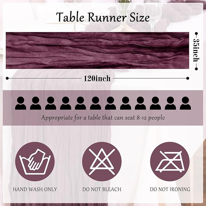 Cheesecloth Table Runner 10FT (35x120 Inch) - 10 Pack Dusty Purple Boho Gauze Fabric Cheese Cloth Table Runner Rustic Sheer Table Runners Cheesecloth for Wedding, Bridal Shower, Birthday Party Decor