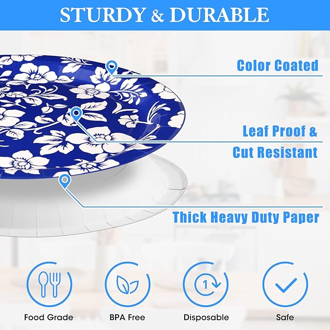 90 Pcs Paper Plates 8 Inch Bulk Thick Heavy Duty Disposable Plates Printed Blue and White Plate for Party, Wedding, Birthday, Tea, Picnic Barbecue, Everyday Use, Soak Proof, Cut Proof