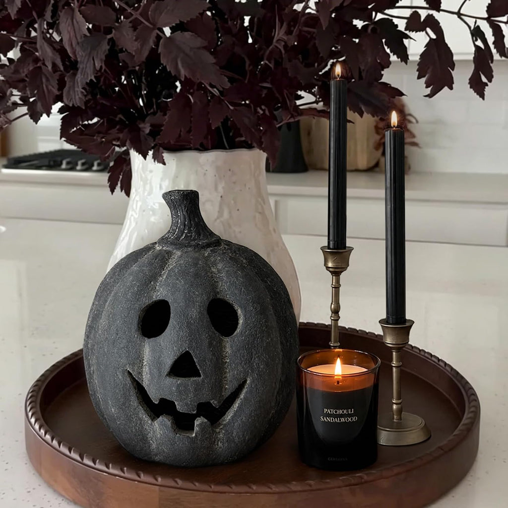 Halloween Decorations - Fall Decor - 7.5"H Black Handmade Terracotta Jack O Lantern Pumpkin for Outdoor Indoor -Cute Spooky Decoration Centerpieces for Tables Porch Yard Home Kitchen Front Door Mantel