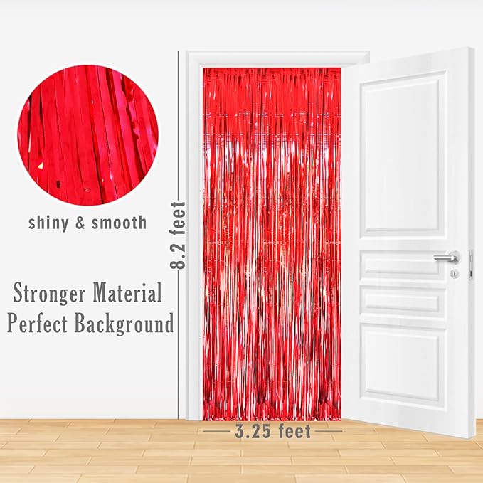 GOER 3.2 ft x 8.2 ft Metallic Tinsel Foil Fringe Curtains Party Photo Backdrop Party Streamers for Birthday,Graduation,New Year Eve Decorations Wedding Decor (3 Pcs, Red)