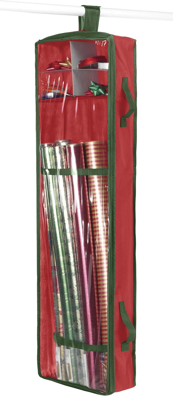 Whitmor Christmas & Holiday Gift Wrap Organizer - Holds 30 inch rolls - Stripe, Red
