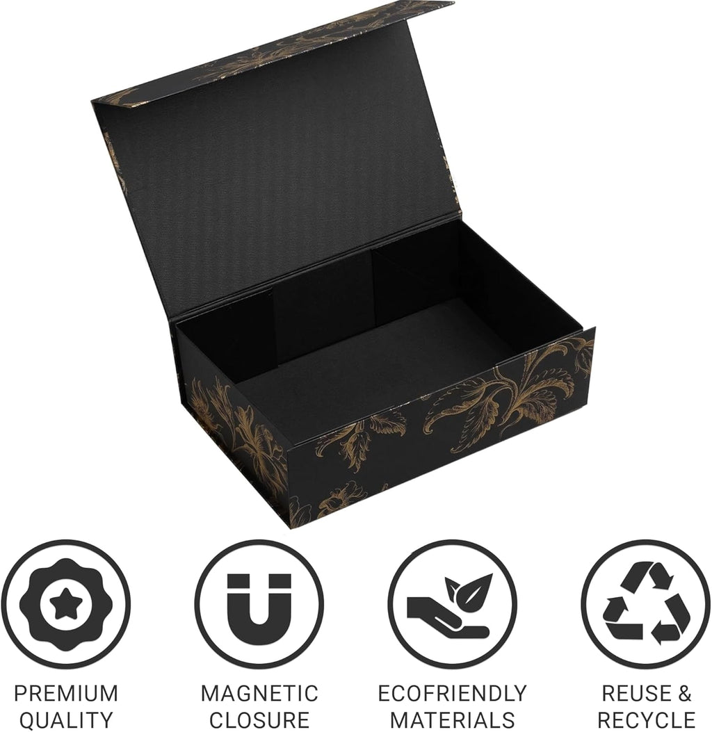 Sorarto Luxury Keepsake Gift Box | Black Gold Floral Decorative Boxes with Magnetic Lids for Presents, Wedding Memory Box, and Bridal Gifts. 13.5" x 9" x 4.3"
